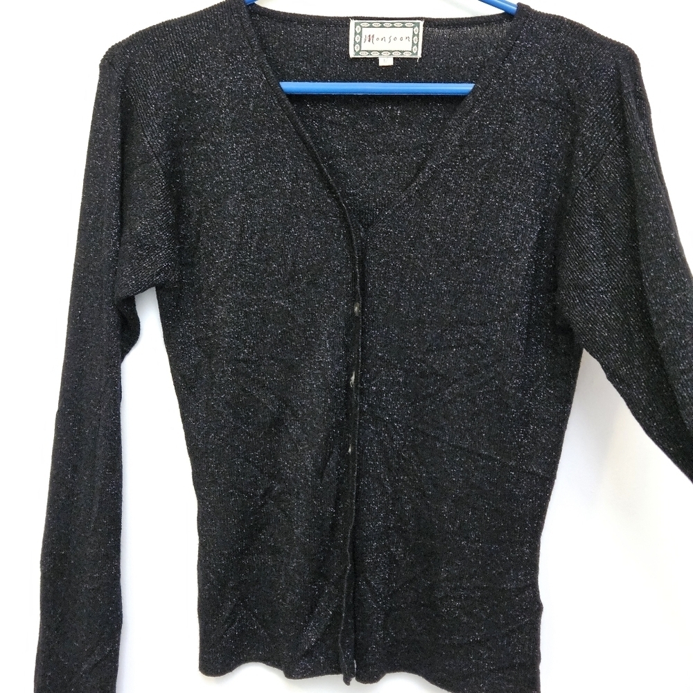 Monsoon Sz 12 Vintage 90s Y2K  Black Glitter Tread Knit Open Cardigan Sweater